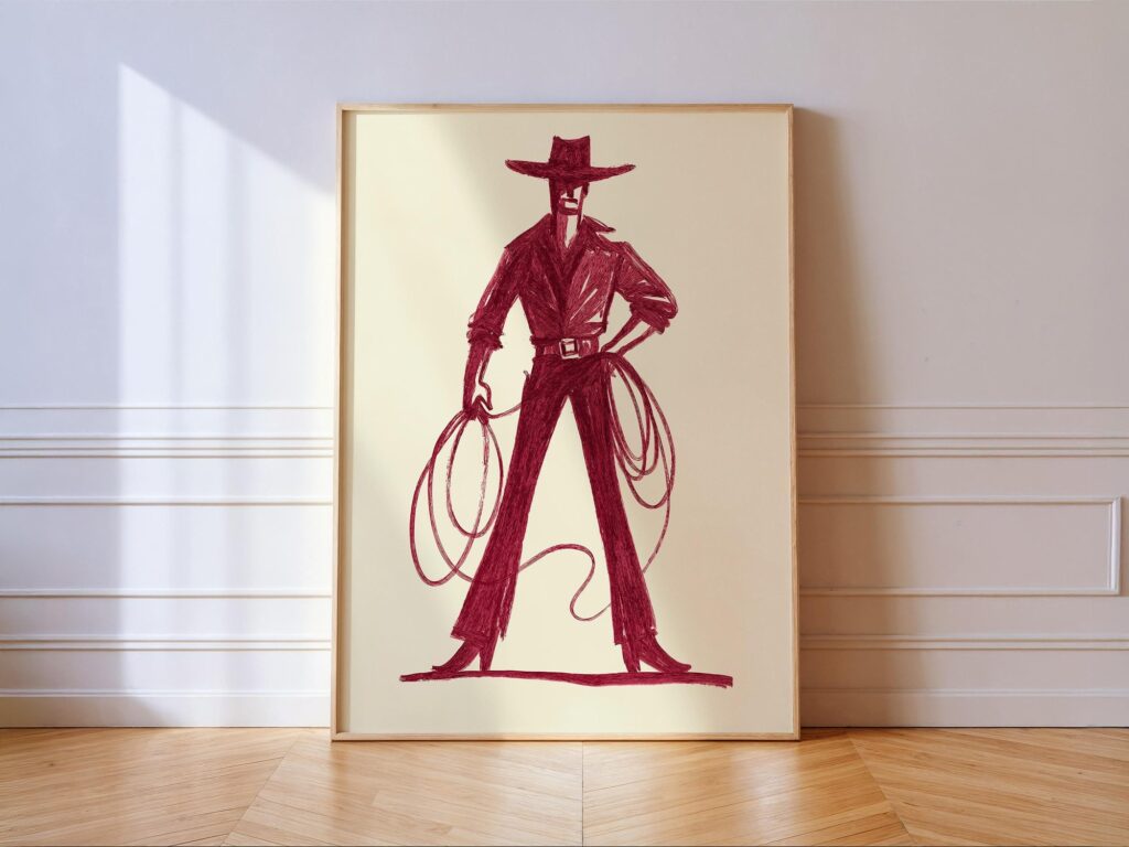 Burgundy Cowboy Sketch Art Print - Minimalist Western Decor Rodeo Farmhouse Poster Burgundy Cowboy Sketch Art Print