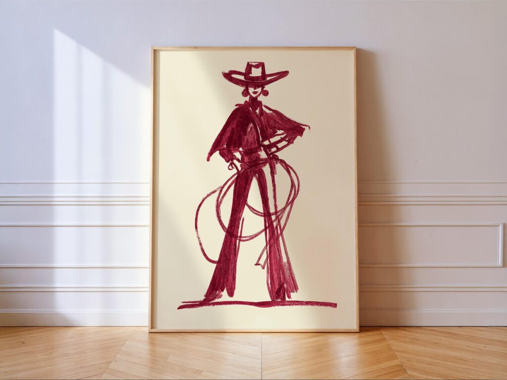 Burgundy Cowgirl Art Print - Minimal Western Line Drawing Wall Decor Burgundy Cowgirl Art Print