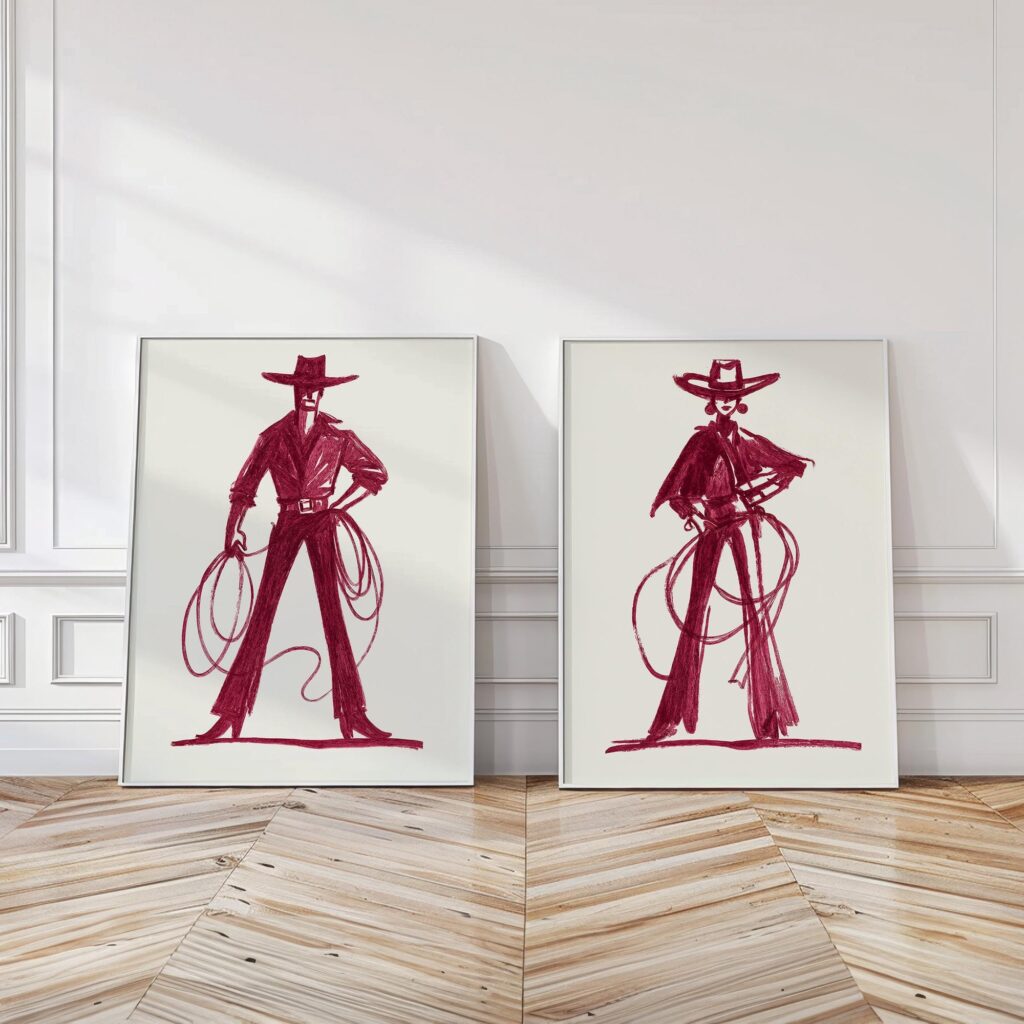 Burgundy Cowgirl Cowboy Sketch Art Print Set of 2 - Rustic Southwestern Ranch Home Decor Burgundy Cowgirl Cowboy Sketch Art Print Set of 2