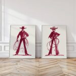 Burgundy Cowgirl Cowboy Sketch Art Print Set of 2