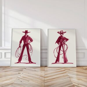 Burgundy Cowgirl Cowboy Sketch Art Print Set of 2