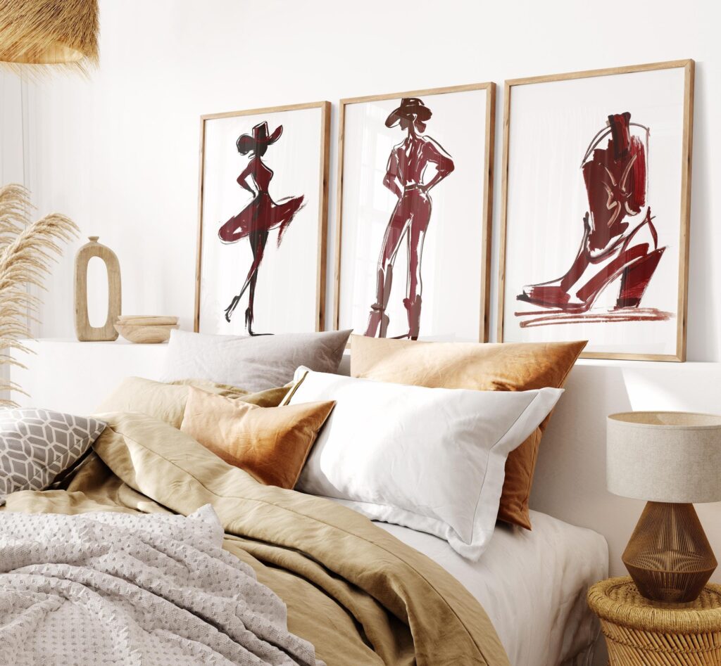 Burgundy Cowgirl Silhouette Art Prints: Modern Western Ranch Decor Burgundy Cowgirl Silhouette Art Prints