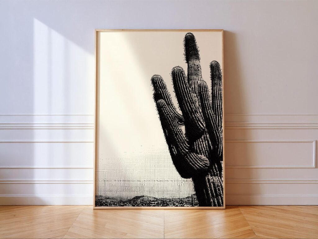 Cactus Wall Art Print Black Desert Halftone Minimal Large Decor Cactus Wall Art