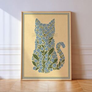 Cat Made of Blue Forget Me Not Flowers Print