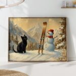 Cat with Snowman and Skis Print