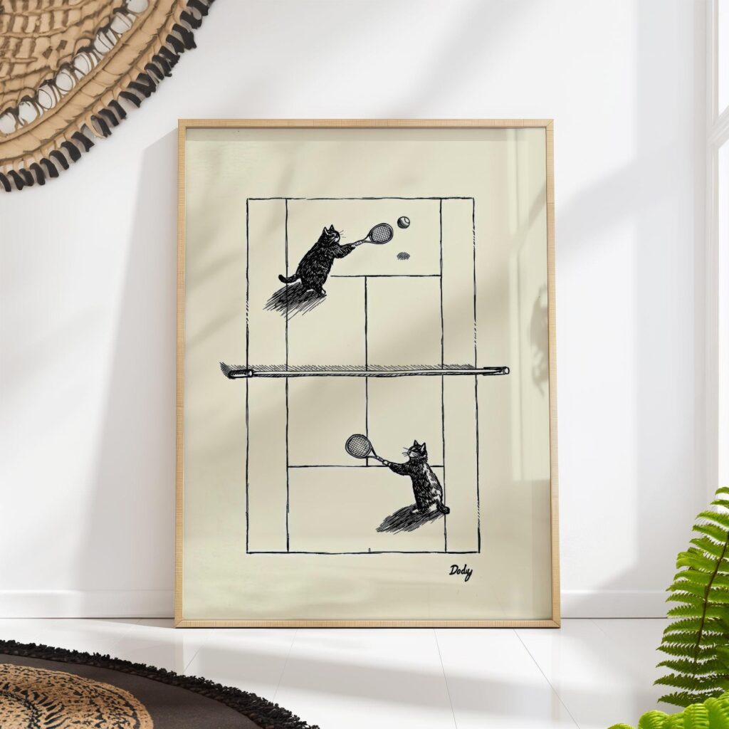Cats Playing Tennis Ink Sketch Print Cats Playing Tennis Ink Sketch Print