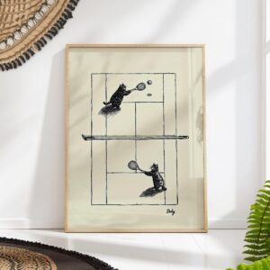 Cats Playing Tennis Ink Sketch Print
