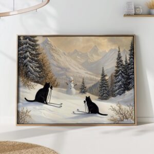 Cats Skiing with Snowman Print