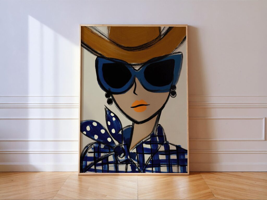 Chic Fashion Cowgirl In Blue Sunglasses Wall Art Print Glam Western Decor Chic Fashion Cowgirl In Blue Sunglasses Wall Art