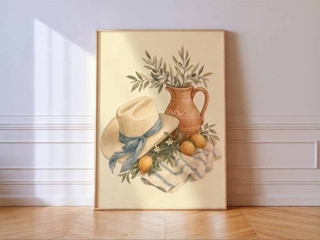 Coastal Cowgirl Still Life Print: Mediterranean Lemon Watercolor Wall Art Decor Coastal Cowgirl Still Life Print