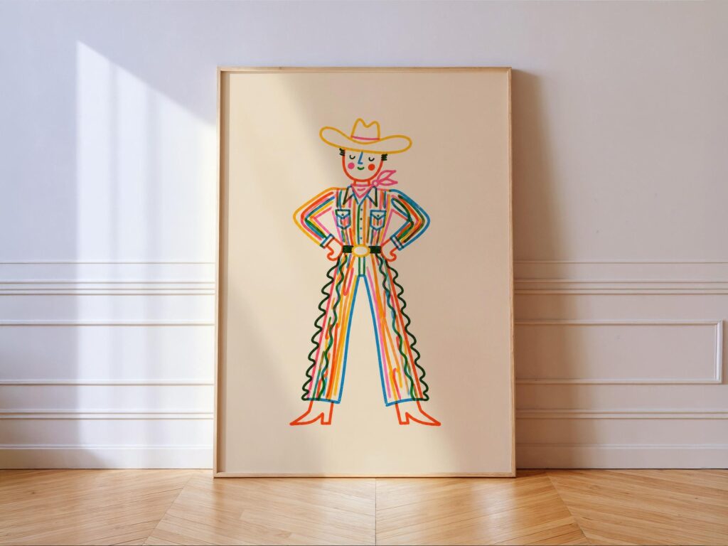 Colorful Cowboy Print: Whimsical Line Art Doodle Western Wall Art Home Decor Colorful Cowboy Print