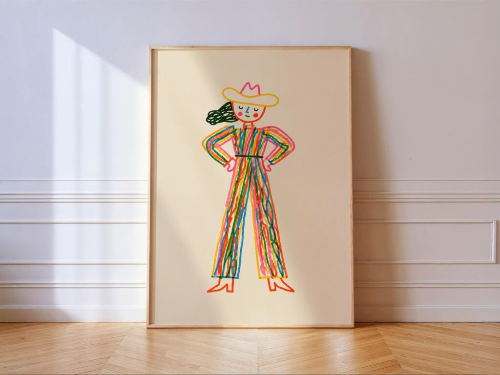 Colorful Cowgirl Print: Whimsical Line Art Doodle Western Wall Art Home Decor Colorful Cowgirl Print