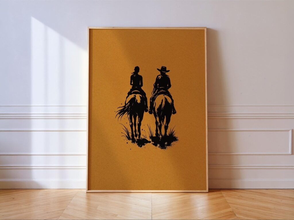 Cowboy And Cowgirl Wall Art Print, Horseback Riding Western Poster, Rustic Country Couple Decor Cowboy And Cowgirl Wall Art