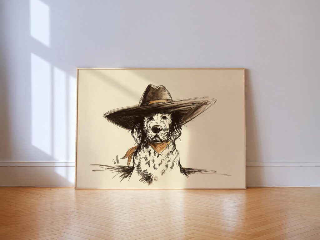 Cowboy Bandana Dog Print - Brown Ink Western Style Line Drawing Cowboy Bandana Dog Print
