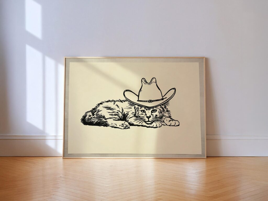 Cowboy Cat Line Art Print: Western Home Decor Cowboy Cat Line Art Print