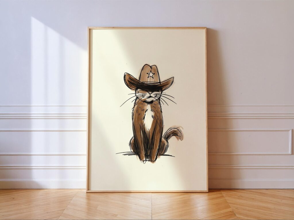 Cowboy Cat Sheriff Print - Western Wall Art (Brown) Cowboy Cat Sheriff Print