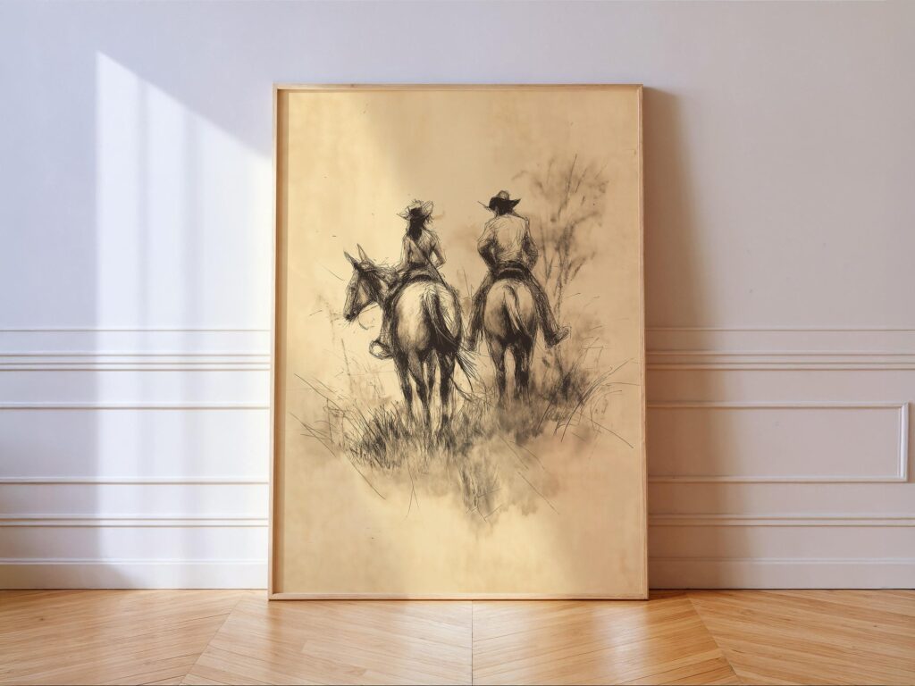 Cowboy Cowgirl Wall Art Print Western Horseback Sketch Rustic Ranch Farmhouse Decor Cowboy Cowgirl Wall Art