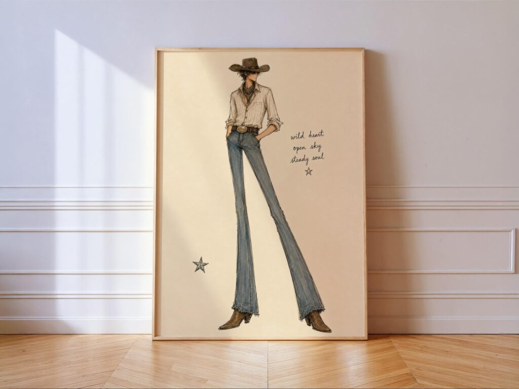 Cowboy Fashion Print: Wild Heart Open Sky Western Illustration Wall Art Cowboy Fashion Print