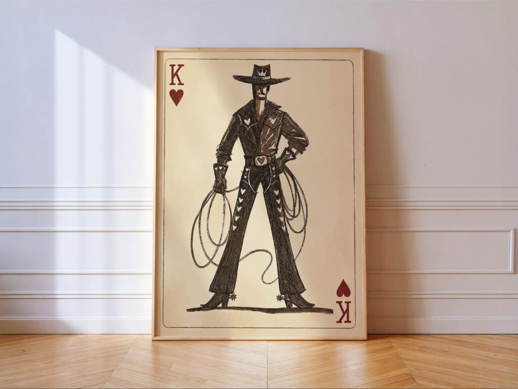 Cowboy King of Hearts Vintage Western Print - Rustic Sketch Illustration (Wall Art Print) Cowboy King of Hearts Vintage Western Print
