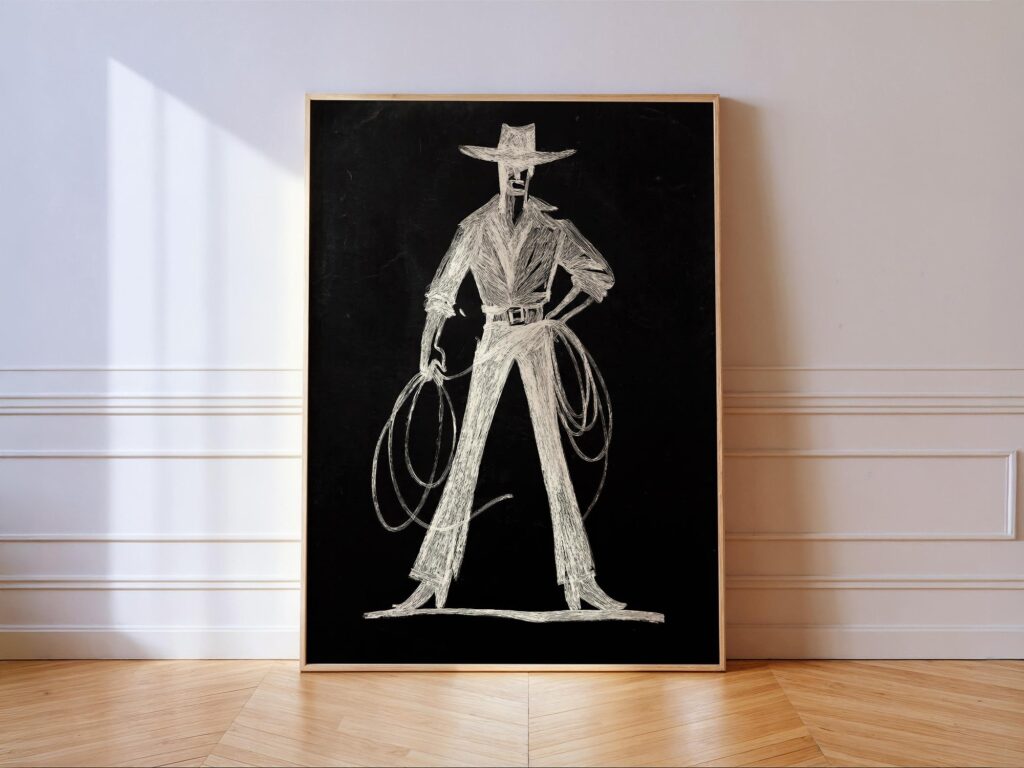 Cowboy Lasso Chalk Sketch Print: Black White Western Wall Art Cowboy Lasso Chalk Sketch Print