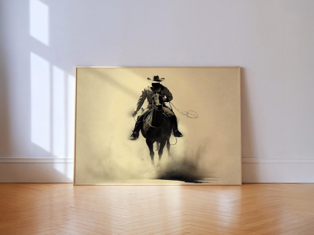 Cowboy Rodeo Wall Art - Sepia Western Horse Rider Poster, Rustic Ranch Decor Cowboy Rodeo Wall Art