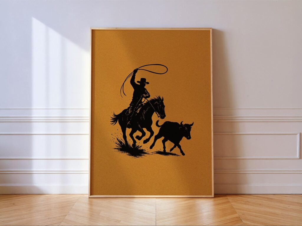 Cowboy Roping Wall Art Print, Rodeo Bull Western Poster, Rustic Ranch Decor Cowboy Roping Wall Art