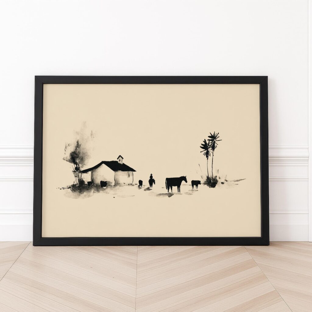 Cowboy Wall Art Black Ink Ranch Landscape Western Print Cowboy Wall Art