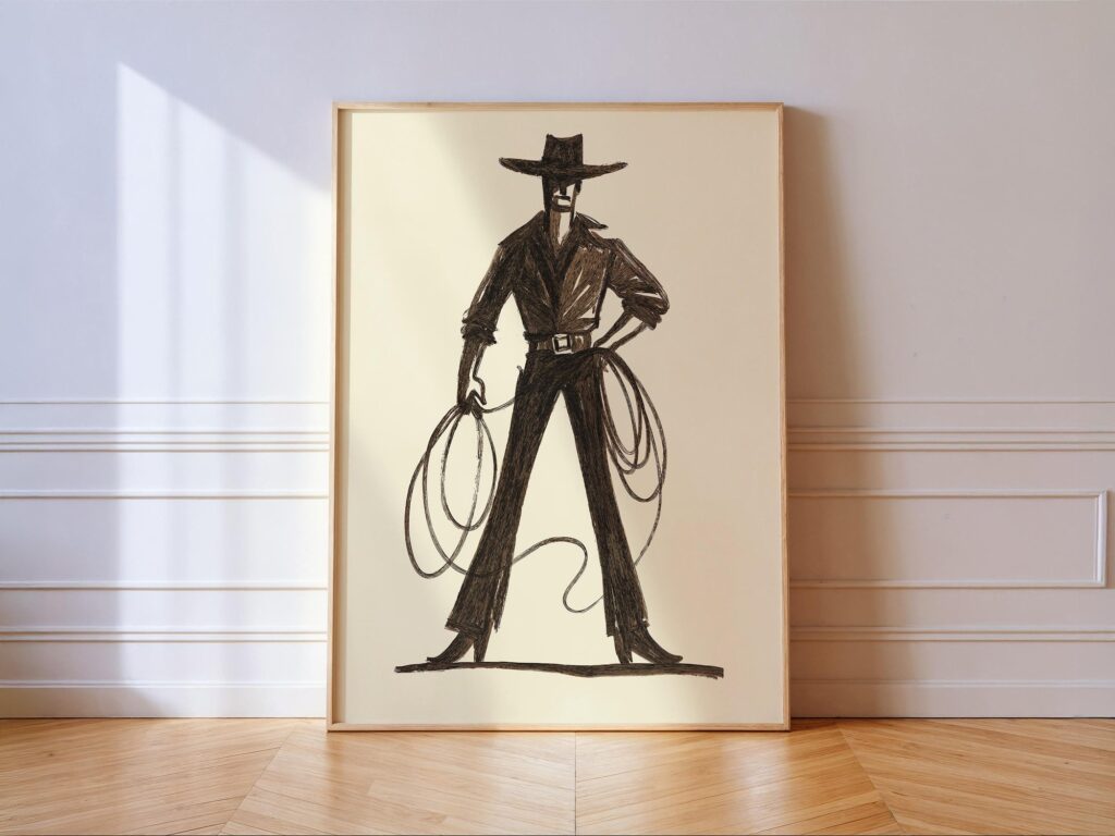 Cowboy with Lasso Western Print - Bold Minimal Rodeo Line Art Cowboy with Lasso Western Print