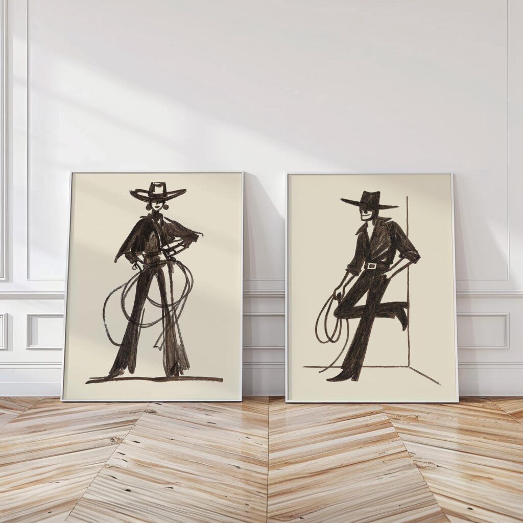 Cowgirl and Cowboy Sketch Set of 2: Western Lasso Ranch Wall Art Print Cowgirl and Cowboy Sketch Print Set of 2