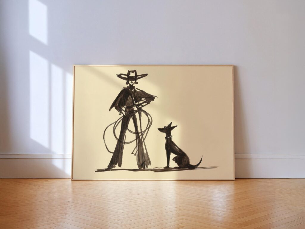 Cowgirl and Dog Ink Sketch Print: Western Lasso Minimalist Wall Art Poster Cowgirl and Dog Ink Sketch Print