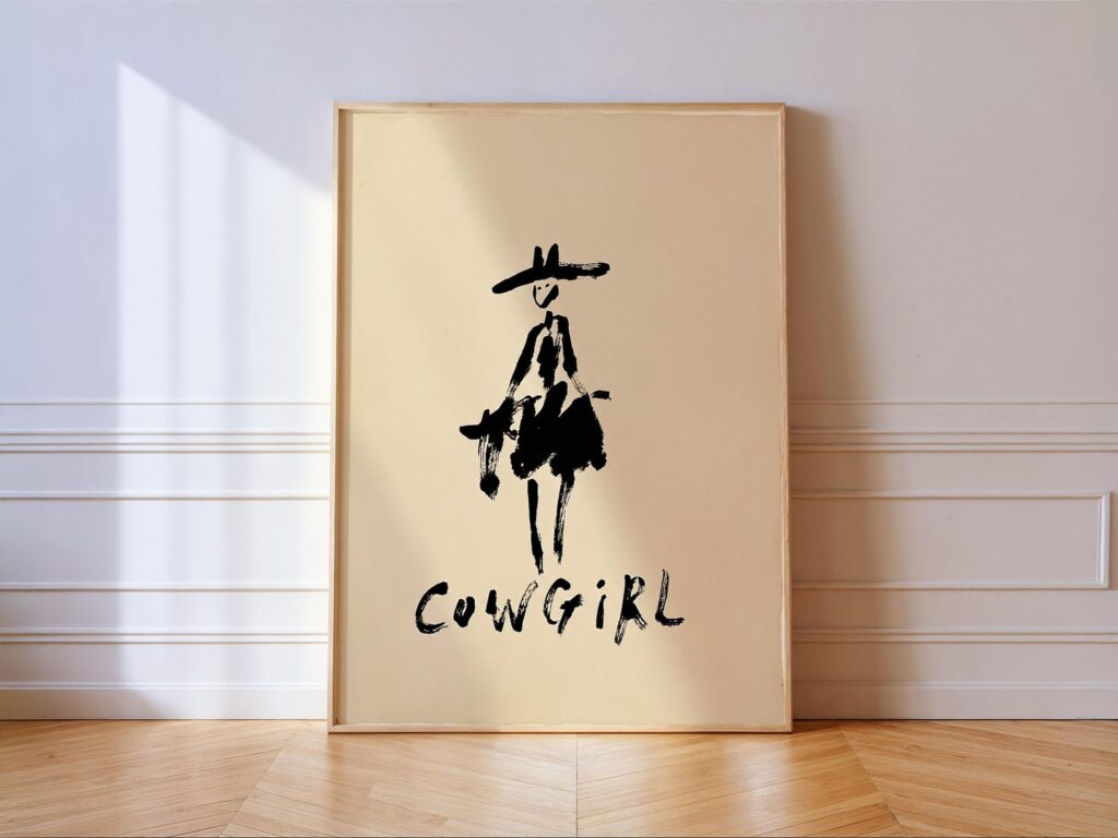 Cowgirl Black Ink Line Art Print: Minimal Western Wall Art for Ranch Decor Cowgirl Black Ink Line Art Print