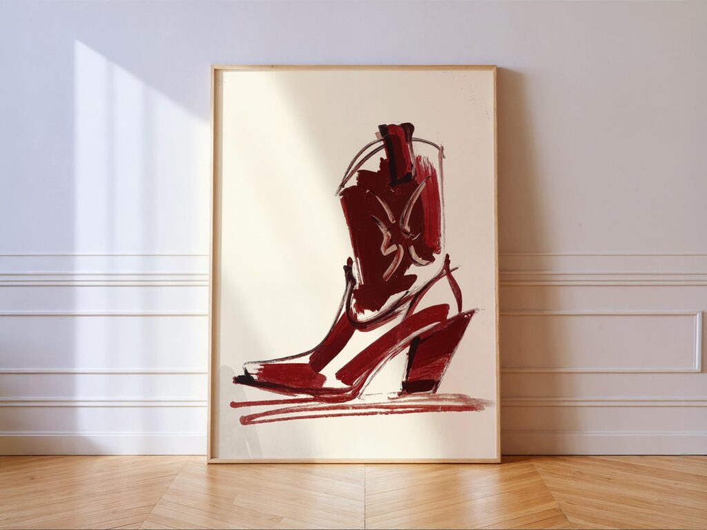 Cowgirl Boot Sketch Art - Modern Western Red Brushstroke Print for Rustic Room Cowgirl Boot Sketch Art