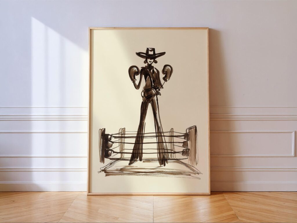 Cowgirl Boxing Art Western Wall Sketch Print Cowgirl Boxing Art Western Wall Sketch Print