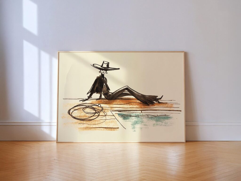 Cowgirl By The Pool Art Print - Western Chic Wall Decor With Lasso Cowgirl By The Pool Art Print