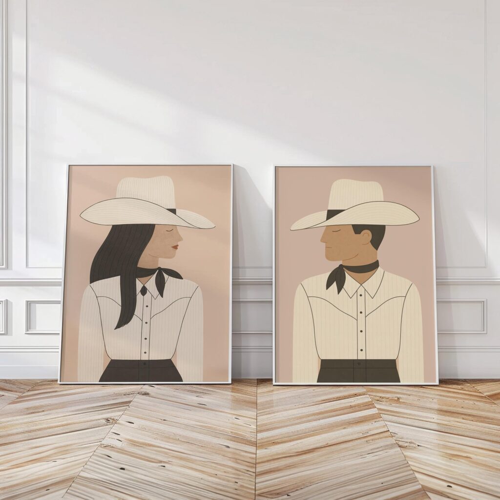 Cowgirl & Cowboy Love Set of 2 Prints - Minimal Western Portrait Duo Cowgirl & Cowboy Love Set of 2 Prints