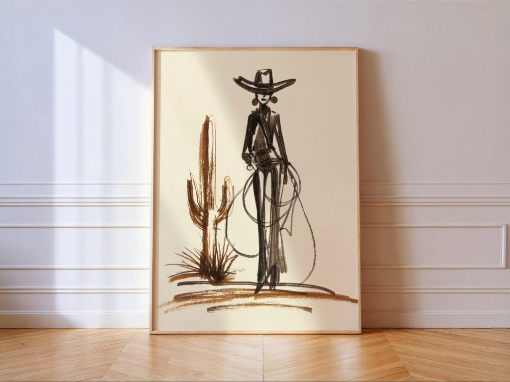 Cowgirl Desert Wall Art - Western Line Art Print with Cactus, Minimal Rodeo Poster Cowgirl Desert Wall Art