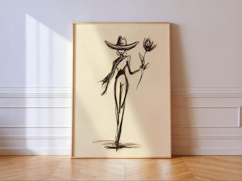 Cowgirl Flower Print: Western Fashion Line Art, Black Ink Cowgirl Flower Print