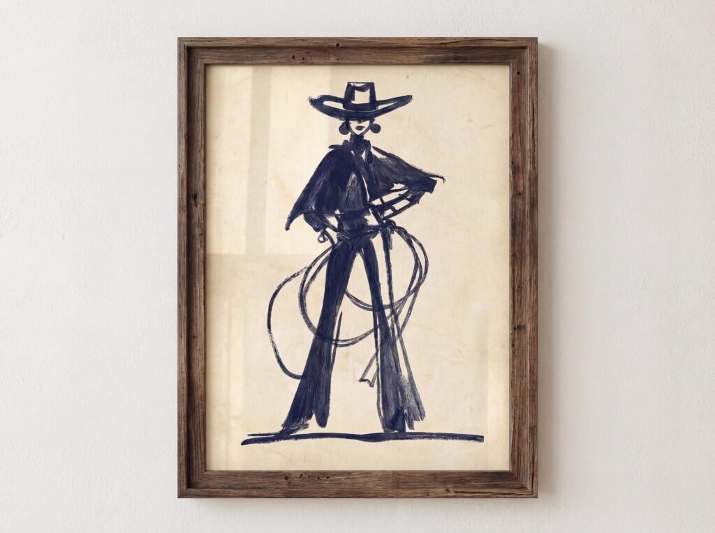 Cowgirl Lasso Print Navy Ink Sketch Western Woman Wall Art Cowgirl Lasso Navy Ink Print