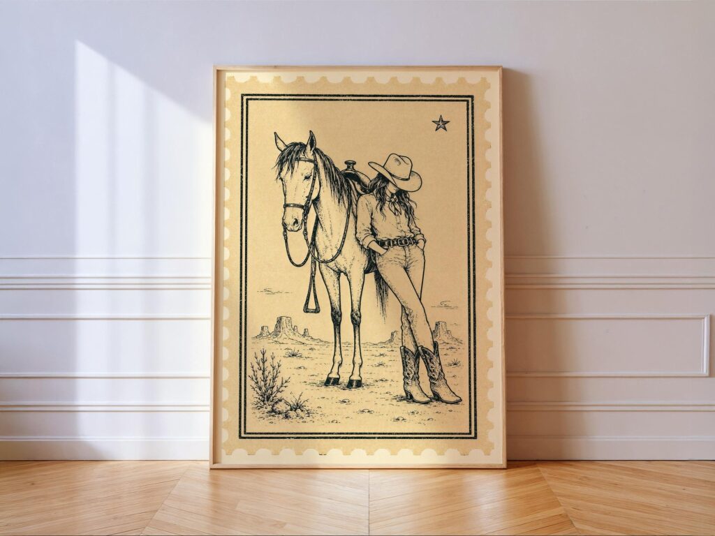 Cowgirl Leaning on Her Horse in the Desert, Stamp Style Western Wall Art Cowgirl Leaning on Her Horse in the Desert Print