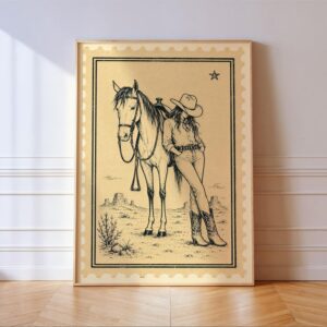 Cowgirl Leaning on Her Horse in the Desert Print