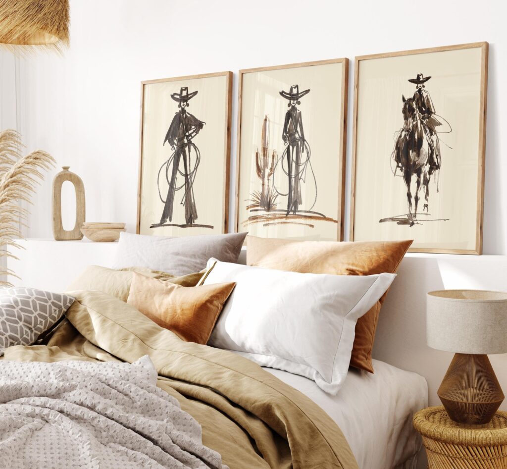 Cowgirl Line Art Print Set: Western Rodeo Decor, Cactus & Horse Cowgirl Line Art Print Set
