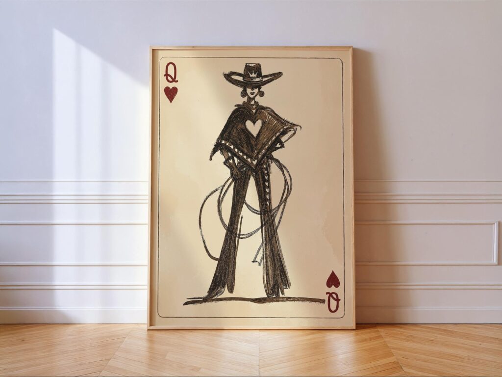 Cowgirl Queen of Hearts Playing Card Art - Western Sketch (Wall Art Print) Cowgirl Queen of Hearts Playing Card Art