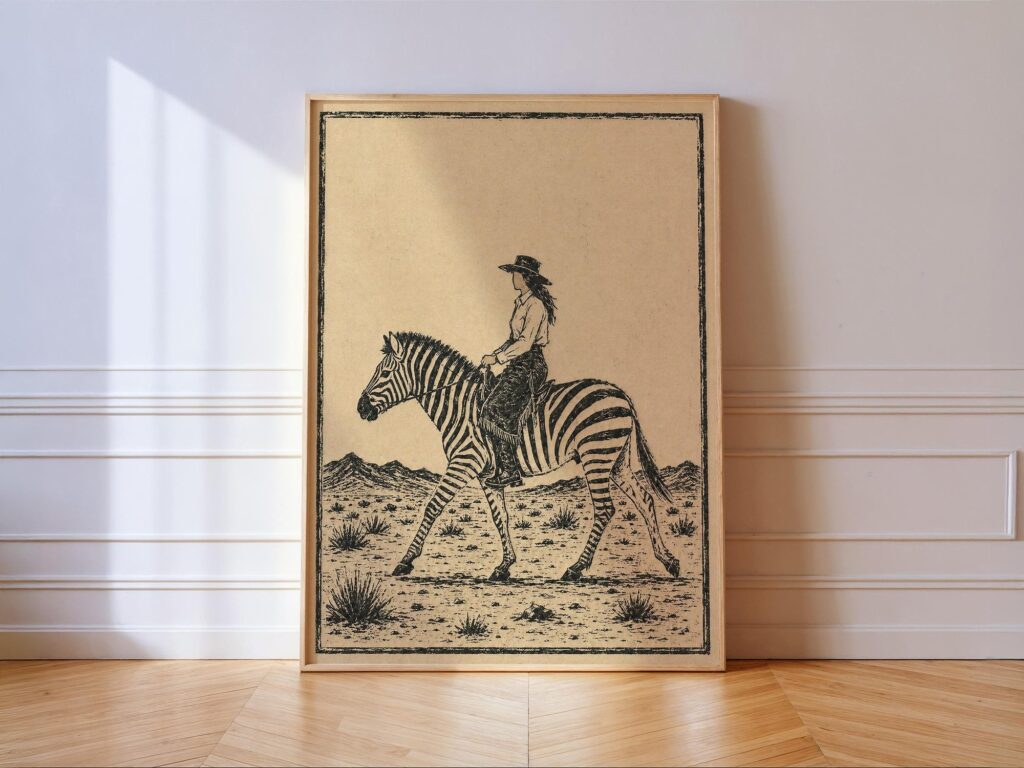 Cowgirl Riding a Zebra in the Desert Print: Black Ink Linocut Western Wall Art Cowgirl Riding a Zebra in the Desert Print