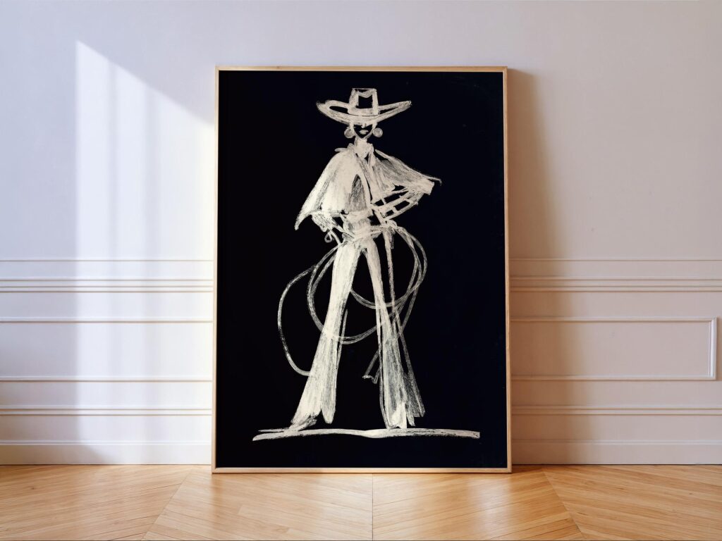 Cowgirl Sketch Print: Black White Western Rodeo Wall Art Cowgirl Sketch Print