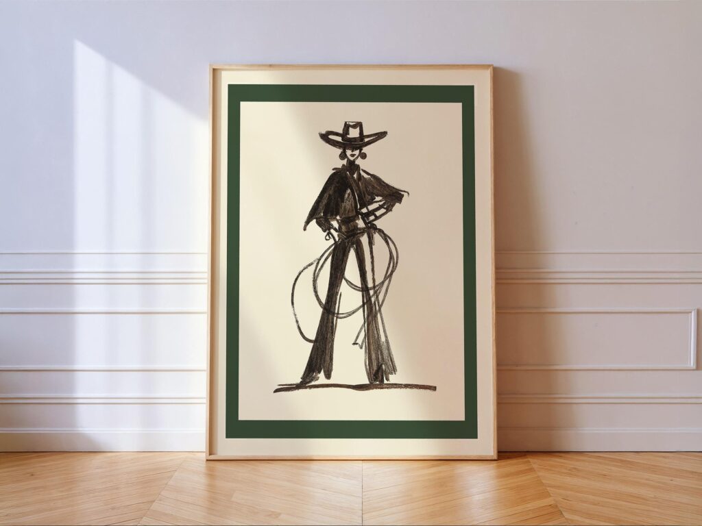 Cowgirl Wall Art Roping Western Woman Sketch Print Green Border Cowgirl Roping Western Wall Art