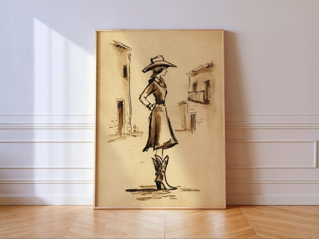 Cowgirl Wall Art Western Ink Sketch Sepia Fashion Print Cowgirl Western Ink Wall Art