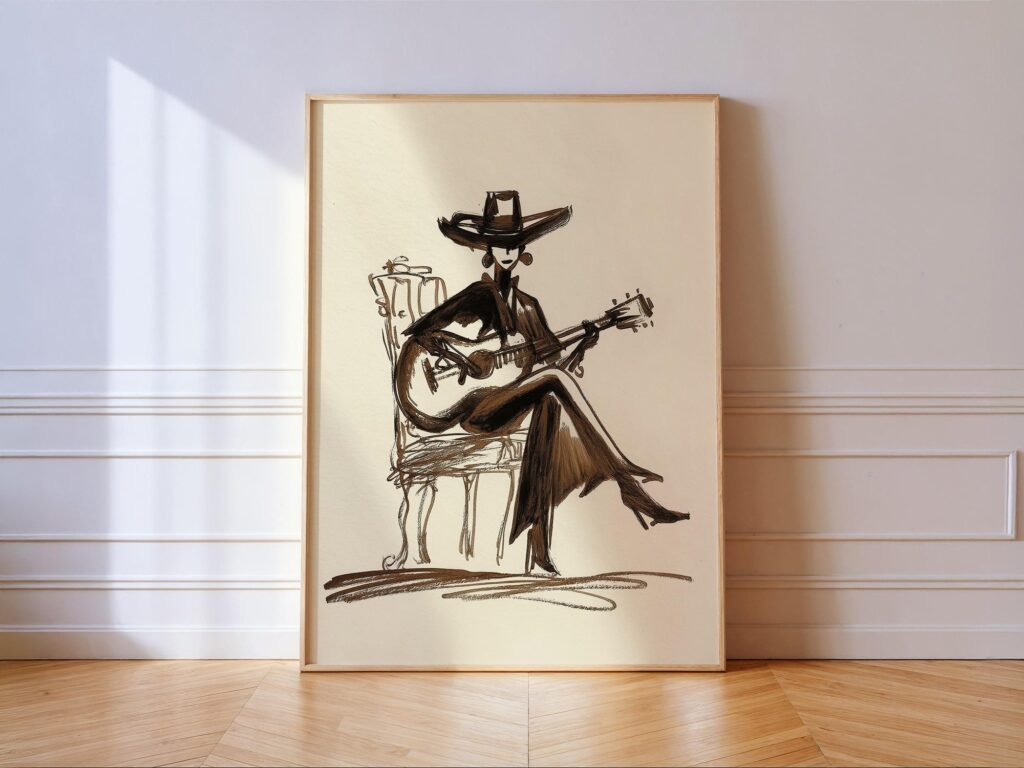 Cowgirl With Guitar Art Print - Minimal Western Line Drawing Wall Decor Cowgirl With Guitar Art Print