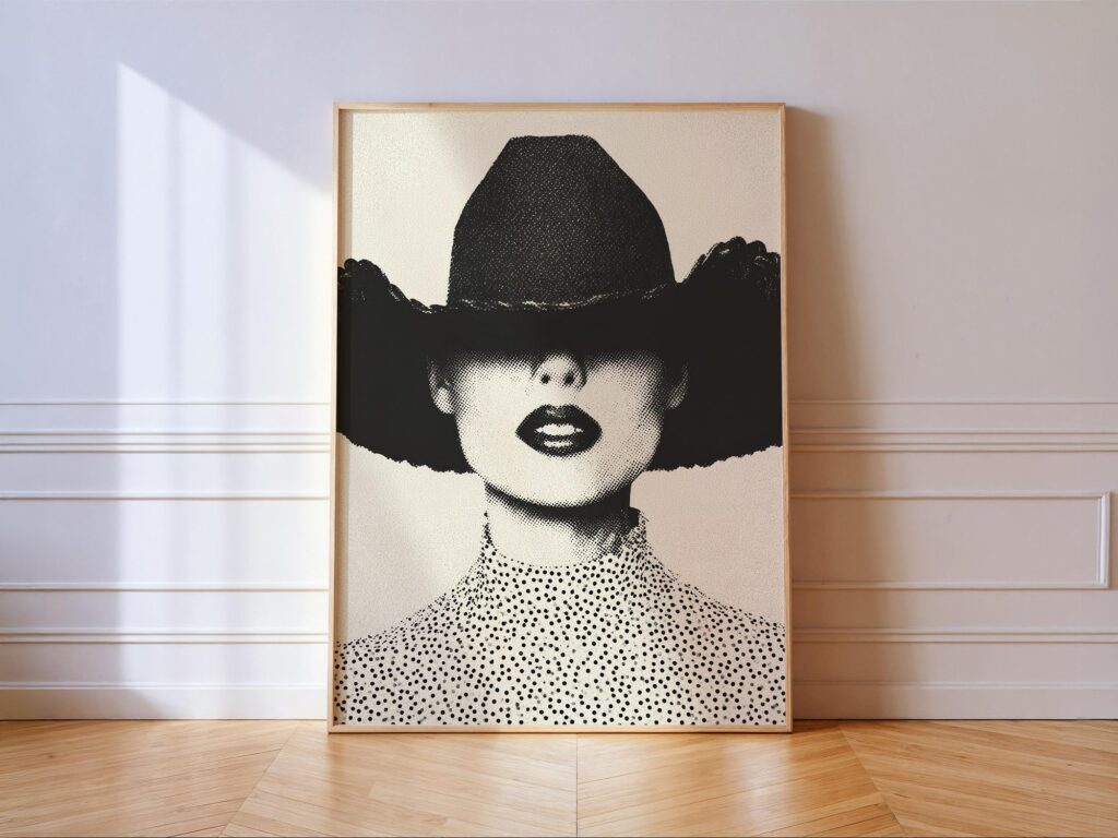 Cowgirl with Hat Fashion Half Tone Print - Black & White Western Wall Art Cowgirl with Hat Fashion Half Tone Print