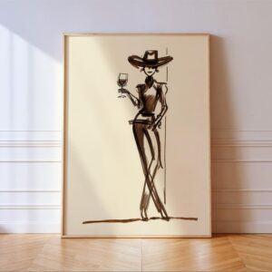 Cowgirl with Wine Glass Ink Sketch Print