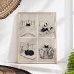 Cozy Black Cat in Four Panels Print